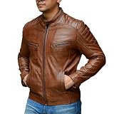 Jild Timeless - Chaqueta clásica de cuero para hombre, estilo motociclista, piel de cordero real, estilo café racer, estilo vintage, chaquetas de motocicleta para hombre, Coñac, Large