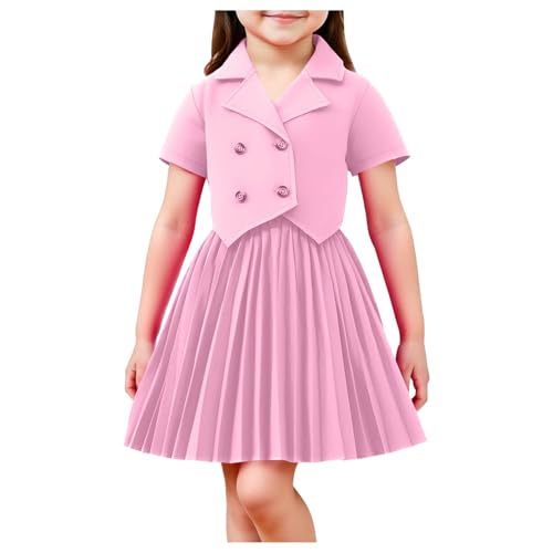 Girls Summer Clothing Set Short Sleeve Double Breasted Collared Blazer with Pleated Skirt 2 Piece Outfits for 2-8 Years