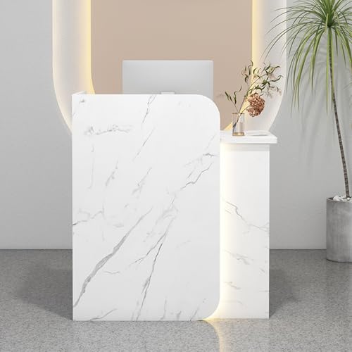 Moderno escritorio de recepción LED con cajones con cerradura, elegante mobiliario de oficina y venta al por menor para salones de belleza, acabado de piedra blanca, 60 x 45 x 100 cm, diseño compacto