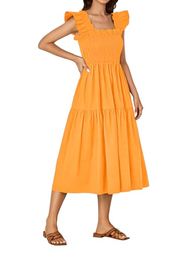 Image of Rooscier Women's A Line Smocked Midi Dress | Summer Sleeveless Square Neck Casual Sundress