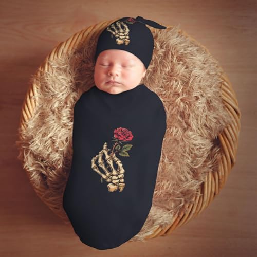 Image of Skeleton Hand Holding Rose Newborn Swaddle Blanket with Beanie Set Soft Baby Sack Stretch Adjustable Swaddle Wraps Receiving Blankets
