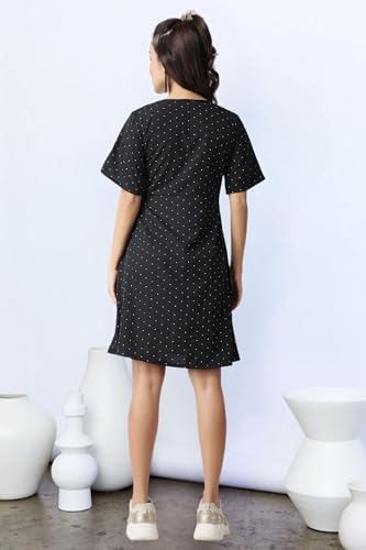 Image of POPWI1NGS Casual Printed V-Neck Short Sleeves Knee-Length Fit and Flare Dress for Women || Frokc-Style Summer Wear Dresses for Women || Loose-Fit Comfortable Women Dress for Regular Wear