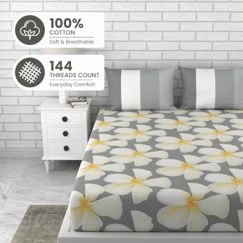 Image of LORETO - A QUALITY LINEN BRAND 144 TC 100% Pure Cotton Double /Queen Fitted Bedsheet with 2 Pillow Covers for 72 x 60 Inch, All-Around Elastic, 8 Inch Deep Pocket, Storm Grey & Celery White Flower