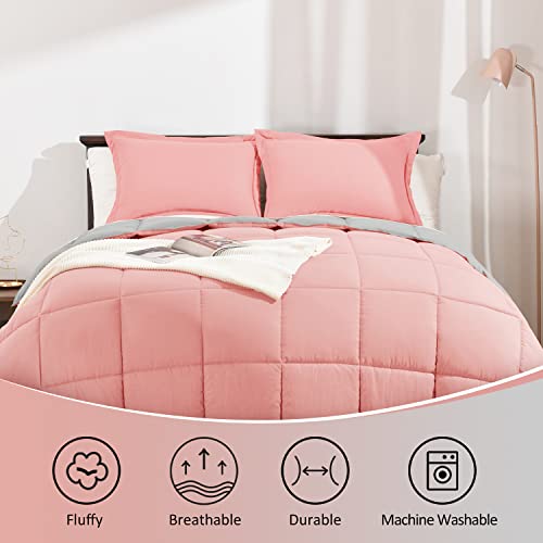 Basic Beyond 3Pcs Pink Comforter Set Queen - Soft Microfiber Comforter Sets For Queen Bed - Pink And Grey Reversible Down Alternative Comforter With 2 Pillow Shams #TOP3