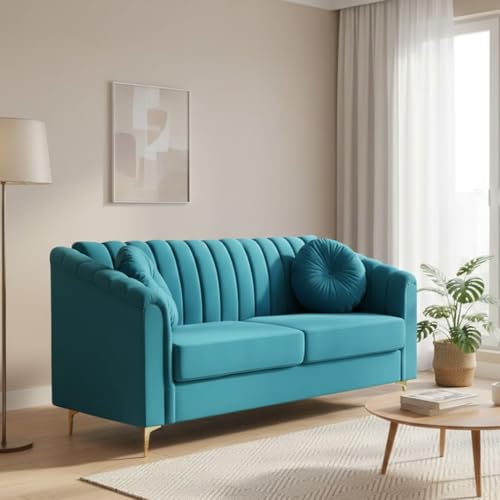 Image of FURNY Dorino 2 Seater Fabric Sofa Set (Aqua Blue) Premium Velvet Finish Durable & Comfortable Ideal for Living Room