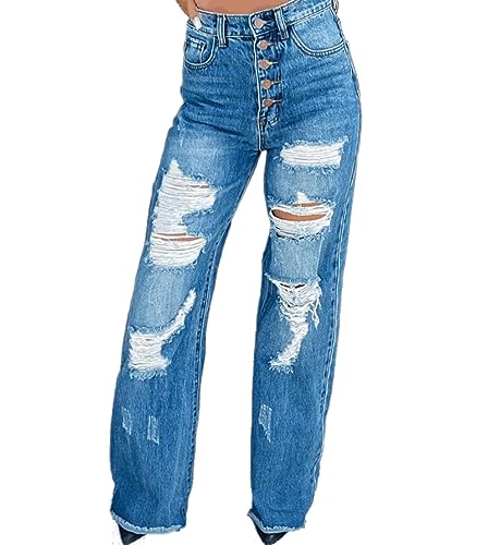 Conshvi Women's Mid Rise Ripped Baggy Straight Leg Jeans Loose