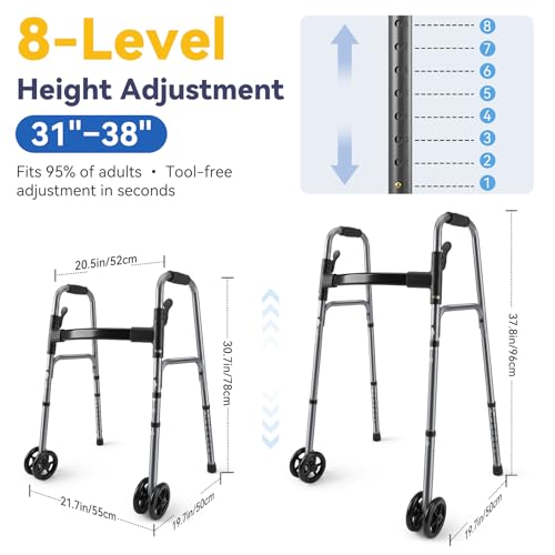 Image of Folding Walker for Seniors with Basket：Standard Walkers for Seniors Elderly | Lightweight Aluminum Rolling Walker with 4 x 5 inch Front Wheels, Storage Bag & Ski Glides 8 Height Adjustments, 350lbs Capacity