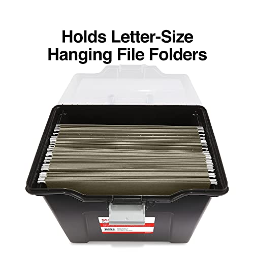 STAPLES File Folder Tote, Portable Filing Box, Letter Size Hanging Folders, Security Latch & Built-In Lid Organizer, Black/Clear