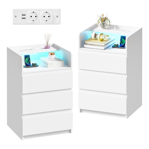 ANWBROAD Table de Chevet avec Prise,Table de Lit avec Bande Lumineuse LED,3 Tiroirs,1 Compartiment,Table de Chevet Moderne,Table d'appoint,Table de Canapé...