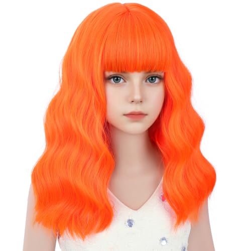 Image of Orange Wig Short Orange Wavy Curly Wigs Wig with Air Bangs Synthetic Cosplay Hair Wigs