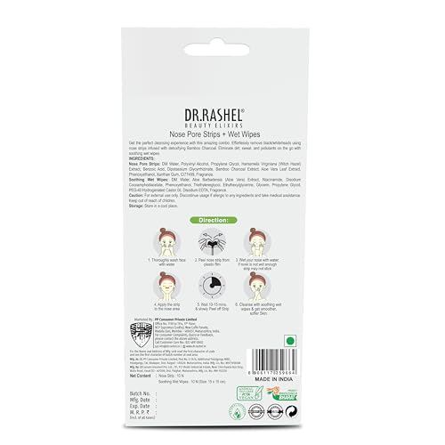 DR.RASHEL Charcoal Nose Pore Strips For Pore Cleansing, Instant And Painless Blackheads Removal | Deep Purifying Blackhead Remover Strips for Nose | 20 PCS (10 Strips & 10 Wipes)