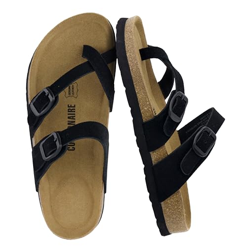 Image of CUSHIONAIRE Lucky 100% Genuine Leather Suede Womens Sandals, Comfortable Cork Footbed Slides for Women with Adjustable Buckles