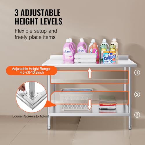 Image of VEVOR 24 x 48 x 36 Inch Stainless Steel Work Table, Commercial Food Prep Worktable Heavy Duty Prep Worktable, Metal Work Table with Adjustable Height for Restaurant, Home and Hotel