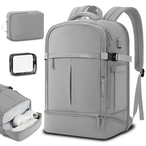 ZOMFELT Travel Backpack for Women Men,Carry On Backpack Airline Approved with Shoes Compartment, 15.6 Inch Laptop Backpack with USB Port,Waterproof Hiking Backpack Casual Daypack for College, Grey