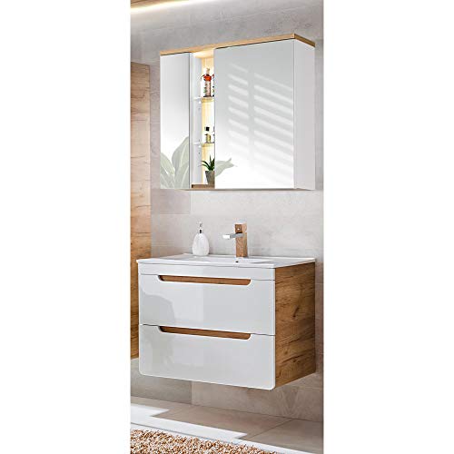 Lomadox Badmöbel Waschplatz Set mit 80cm Waschtisch-Unterschrank mit Keramik-Waschbecken & LED-Spiegelschrank