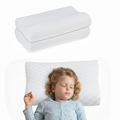 Image of Memory Foam Baby Pillow Set of 2, Ergonomic Therapy Design for Kids Neck Support, Breathable Washable Cover, Cervical Relief for Stiff Joints and Snoring, 42 x 26 x 6 cm,White