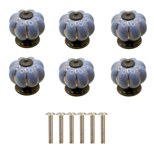Yuaaoh 6 peças maçanetas cerâmica abóbora, puxadores de porcelana gavetas vintage, alças para móveis com parafusos para armários, gavetas, cozinha, armário, quarto, aparador 4 x 4 x 4 cm (azul escuro)
