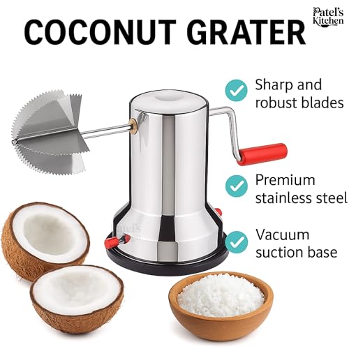 Image of PATEL'S KITCHEN Coconut Scraper with Stainless Steel Serrated Blade | Manual Coconut Grater Tool | Coconut Meat Remover | Kitchen Tool for Fresh Coconut Scraping (VACCUM Scraper, 1, Count)