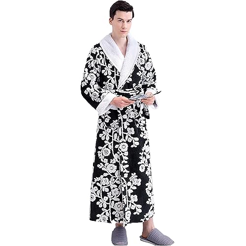 GHYUBYER Men's Warm Fleece Robe，Plush Soft Warm Long Robe with Pockets，Plush Shawl Collar Bathrobe (Color : Men Black, Size : M) - Main Image