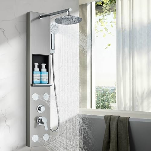 TVTIUO Panel de ducha, Torre de Columna con Ducha de Lluvia, Chorro de Masaje, Ducha de Mano y Boquilla de Bañera, Acero Inoxidable, Cepillado