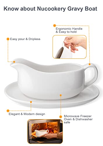 Nucookery Large 17 Oz Gravy Boat And Tray | Ergonomic Handle | White Fine Porcelain Saucier With Big Dripless Lip Spout For Gravy, Warming Sauces, Salad Dressings, Milk | Microwave & Freezer Safe #TOP2
