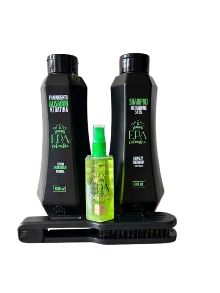 Litro tratamiento alisador keratina EPA Colombia, litro shampoo antiresiduos,cepillo auxiliar planchado y perfume capilar. No contiene formol, No contiene amoniaco.