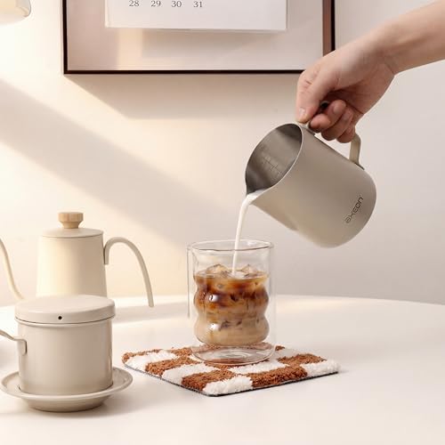 Image of Axeon Stainless Steel Milk Frothing Pitcher | Espresso Milk Frother Jug with Internal Scale & Matte Coating | V-Spout for Latte Art | Barista Steam Jug for Cappuccino & Coffee (White, 600ml /20oz)