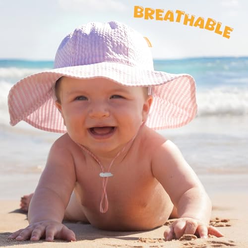 Image of HONGTEYA Baby Sun Hat Toddler Girl Beach Hat Sun Protection Adjustable Outdoor Summer Wide Brim Bucket Hat for Infant Kids
