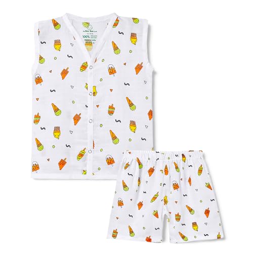 Image of The Boo Boo Club Muslin Jhabla and Short Set 100% GOTS Certified Organic Cotton | Sleeveless Button Vest | Summer Wear Set