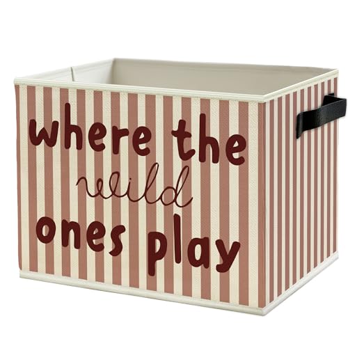 Image of Red Stripe Boho Classroom Storage Bins Box with Handles, Where the Wild Ones Play Collapsible Basket Organizer for Kids Playroom Nursery Bedroom Bathroom Books Clothes