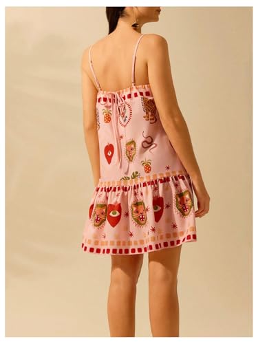 Women's Graphic Ruffle Hem Mini Vacation Dress Boho Spaghetti Strap Drop Waist Short Dresses3