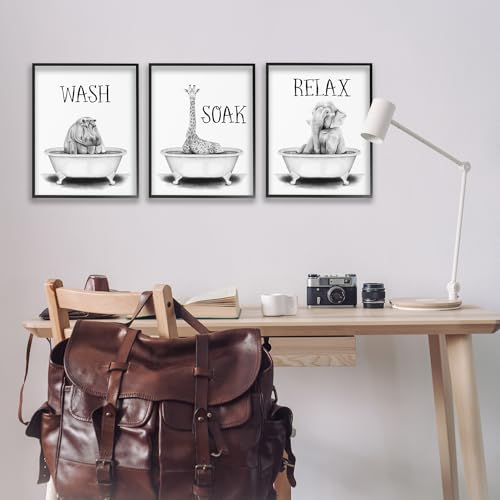 Image of Jungle Animals Bathroom Signage, 16 x 20 Inch Framed Giclee Print Set | Stupell Industries . By Rachel Nieman . Ready to hang . Great for bath and laundry . Made in USA