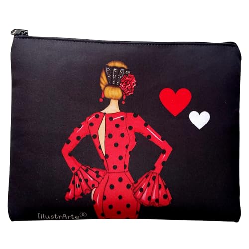 Neceser Granada Flamenca “María Rojo” – Diseño a Doble Cara – Fondo Negro – 22x17 cm – Impermeable – Bolso de Aseo Mujer o Viaje