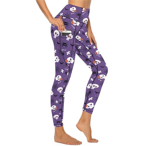 Cerburny Christmas Skeleton Leggings for Women Skull Spider Web High Waisted Yoga Pants with Pockets Workout Running Pants