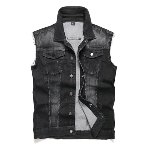 RANMCC Men's Denim Vest Jacket - Slim-fit distressed casual sleeveless denim vest, perfect for riding and vintage styles