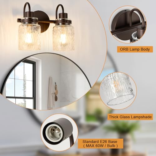 Image of 2 Lights Hammered Glass Bathroom Vanity Light, Oil Rubbed Bronze