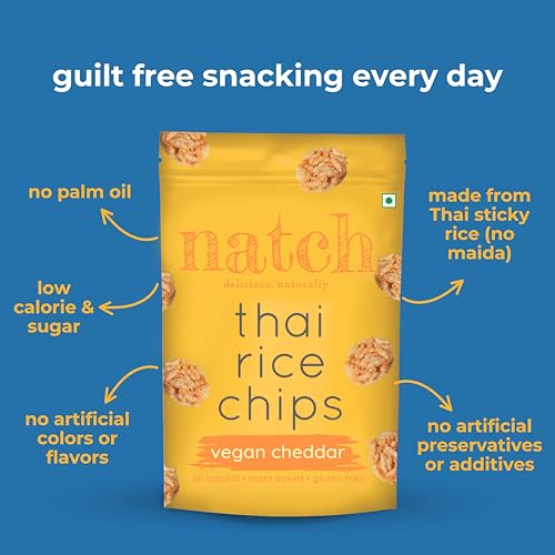 Image of Natch Thai Sticky Rice Chips pack, healthy Sanks 100% Natural, Vegan & Gluten Free, Low Calorie Chips for Adults & Kids, 100g, Vegan Cheddar