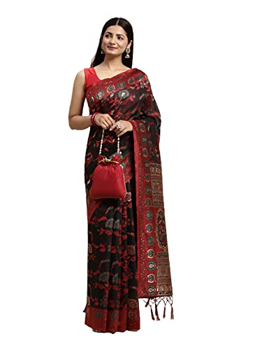 Sari en coton traditionnel noir et rouge idéal pour vos soirées à thème et mariages