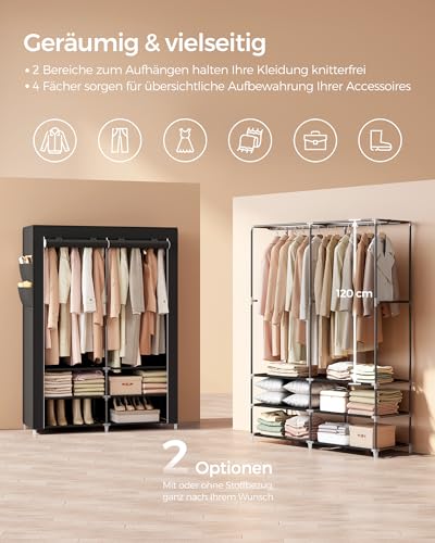 SONGMICS Stoffschrank, Kleiderschrank, 45 x 127 x 176 cm, 2 Hängefächer, mit Ablagen, 4 Seitentaschen, viel Platz, für Schlafzimmer, Wohnzimmer, schwarz RYG008B02