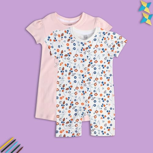 Image of miniklub Baby Round Neck Knitted Cotton Printed Romper, Pack of 2 (Peach /Blue Color)