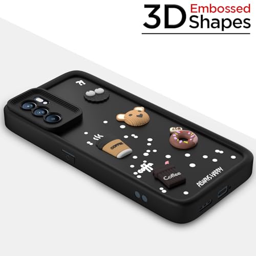 Image of Outlouders Back Cover for Oppo Reno 6 Pro 5G | 3D Cartoon Bear Cute Fun Silicone Full Body Protection Bumper Case (Black)