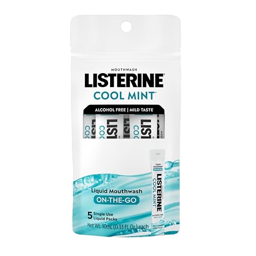 Listerine On-The-Go Cool Mint Alcohol Free Mouthwash Packets Oral Rinse in Individual Packets Kills Bad Breath Germs Less Intense Taste Cool Mint Flavor Mini Travel Size 0.33 fl oz. Pack of 5