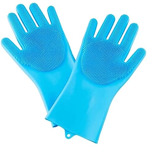 TZMY-EU Silikon Spülhandschuhe mit Wash Scrubber Blaue Reinigung Handschuhe 1 Paar Wiederverwendbare Geschirrspülhandschuhe Reinigungsbürste Handschuhe für Küche, Bad, Auto,Haustier Cover