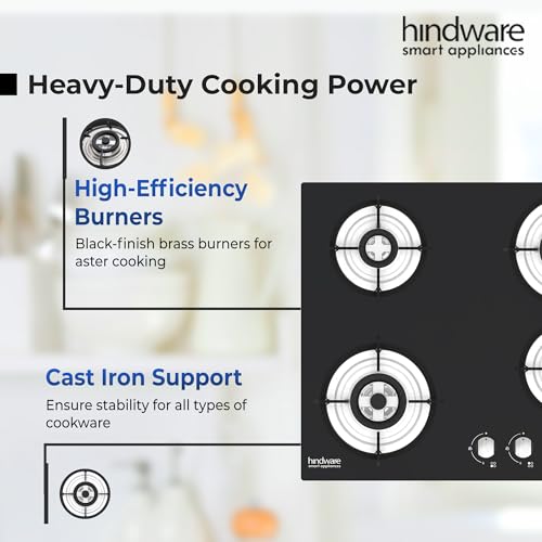 Hindware Smart Appliances | Sara Plus Kitchen Hob | Designer Brass Burners | Auto Ignition | SS Drip Tray | Cast Iron Pan Support | Black Glass... - Image 5