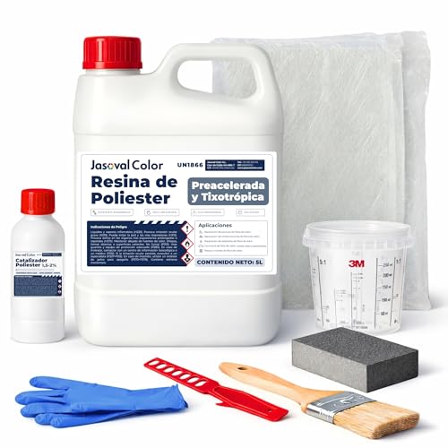 Resina de Poliéster 5 kg con Catalizador - Kit Completo con Fibra de Vidrio 5 m2 y Herramientas para Reparar Piscinas, Barcos, Carrocería y Piezas de Fibra de Vidrio