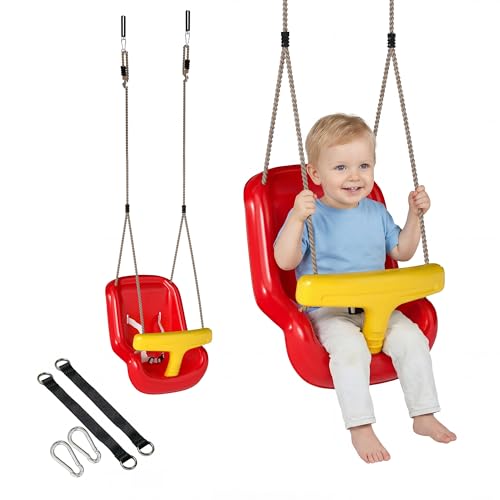 AIYAPLAY Balançoire pour Enfants, balançoire bébé extérieure avec Dossier Haut et Barre de sécurité, Hauteur Ajustable, intérieur et extérieur, Rouge et Jaune