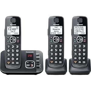 Panasonic DECT 6.0 Expandable Cordless Phone System with Answering Machine and Call Blocking – 3 Handsets – KX-TGE633M (Metallic Black)