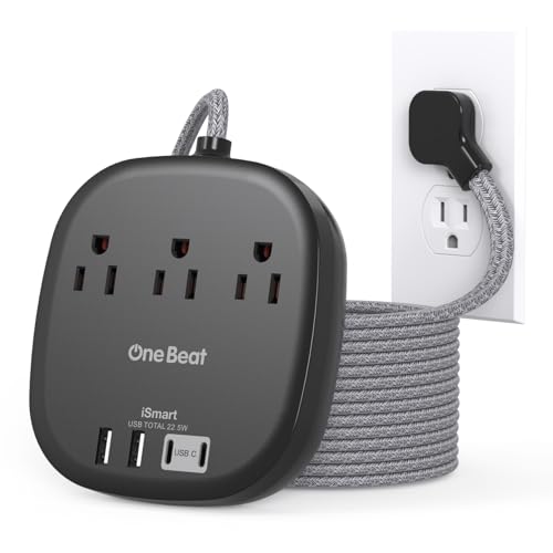 Image of 10 Ft Long Extension Cord, Cruise Ship Travel Essentials, 22.5W /4.5A Flat Plug Power Strip with 3 Outlets 4 USB Ports (2 USB C), 10ft Black Power Strip No Surge Protection, Desktop Charging Station