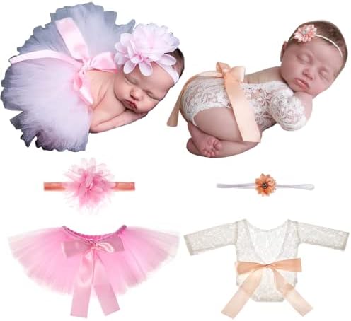 Newborn Photography Prop Infants Baby Baby Tutu Skirt Cute Bow Headdress and White Lace Rompers Flower Headband Sets Pink Shoot Outfits for 0-1 Months Baby Girls