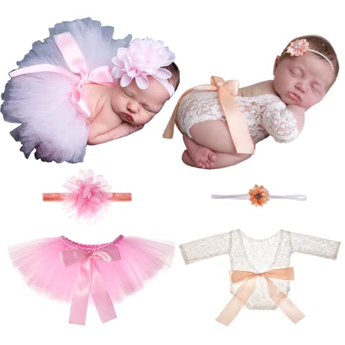 Newborn Photography Prop Infants Baby Baby Tutu Skirt Cute Bow Headdress And White Lace Rompers Flower Headband Sets Pink Shoot Outfits For 0-1 Months Baby Girls #TOP28
